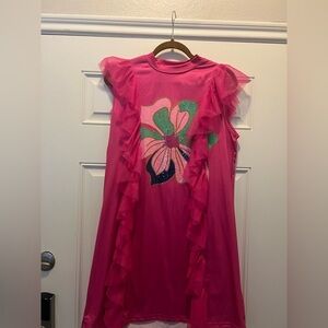 Pink Chiffon Ruffle Tunic with Floral Design